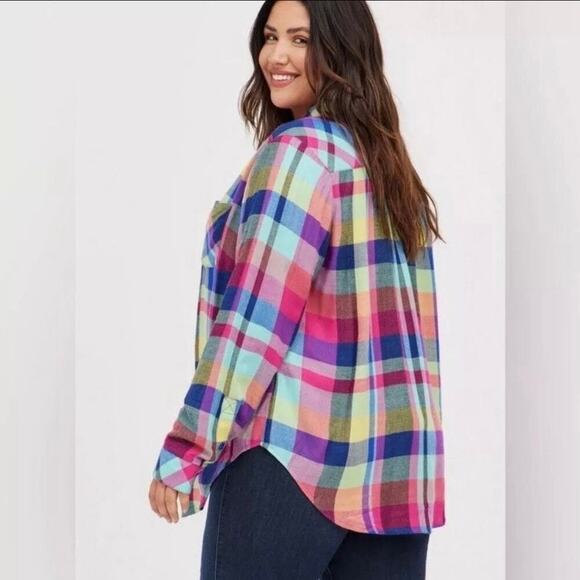 Torrid Bright Rainbow Plaid Brushed Fleece Button Up Shirt Sz.2 - Picture 3 of 13